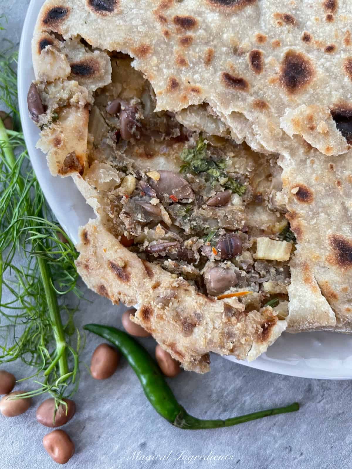 Close view showing the filling inside the paratha