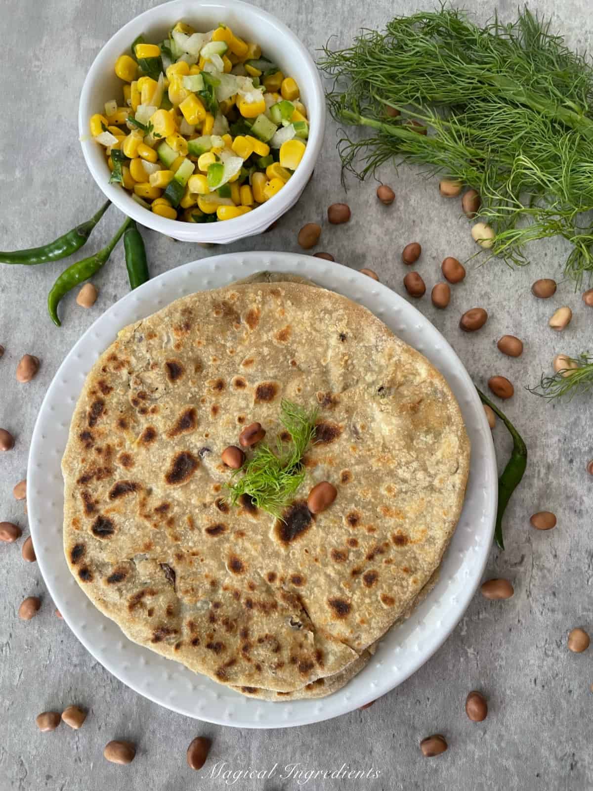 Fava Fennel Paratha with salad