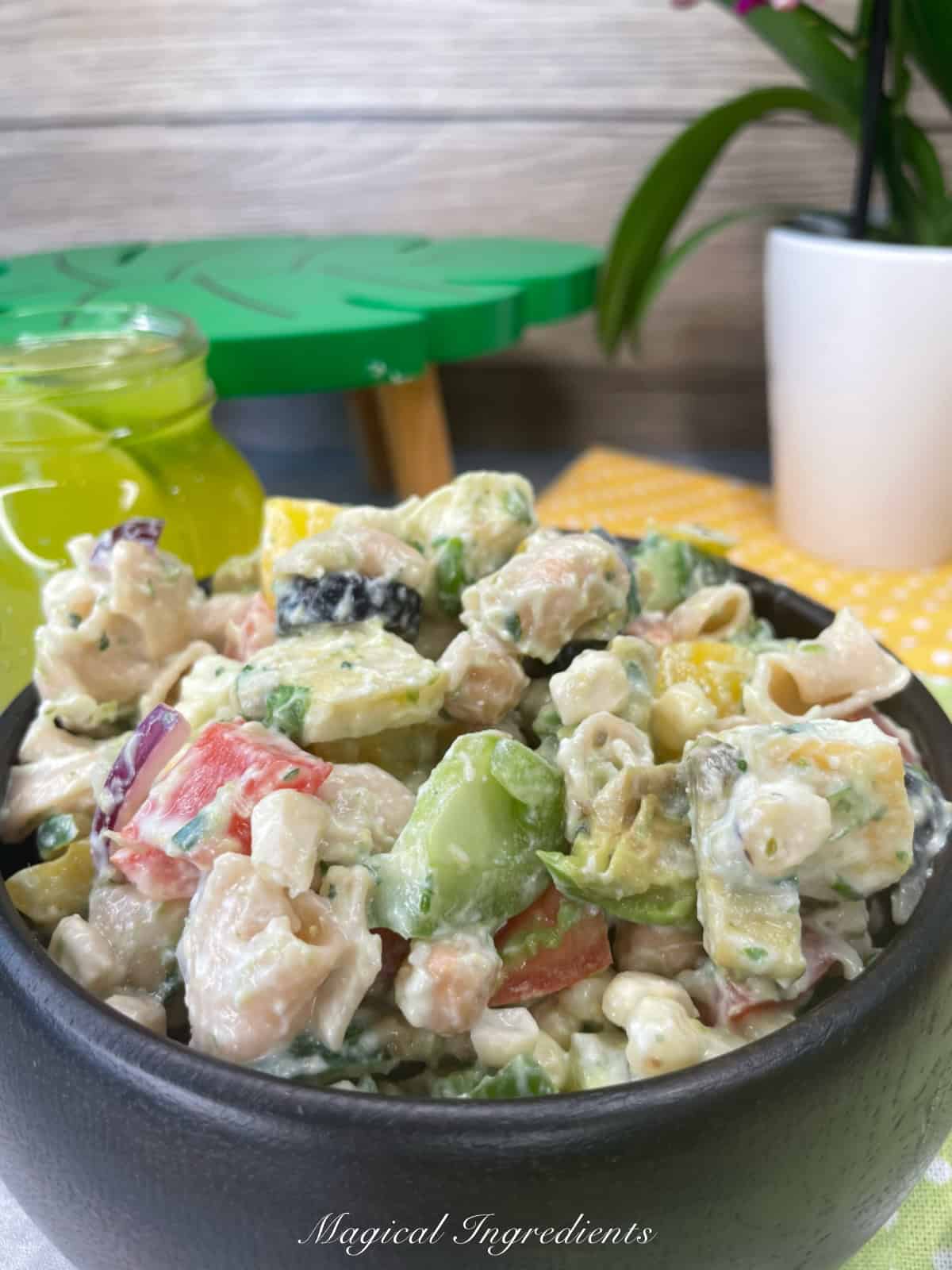 protein mac salad on a bowl
