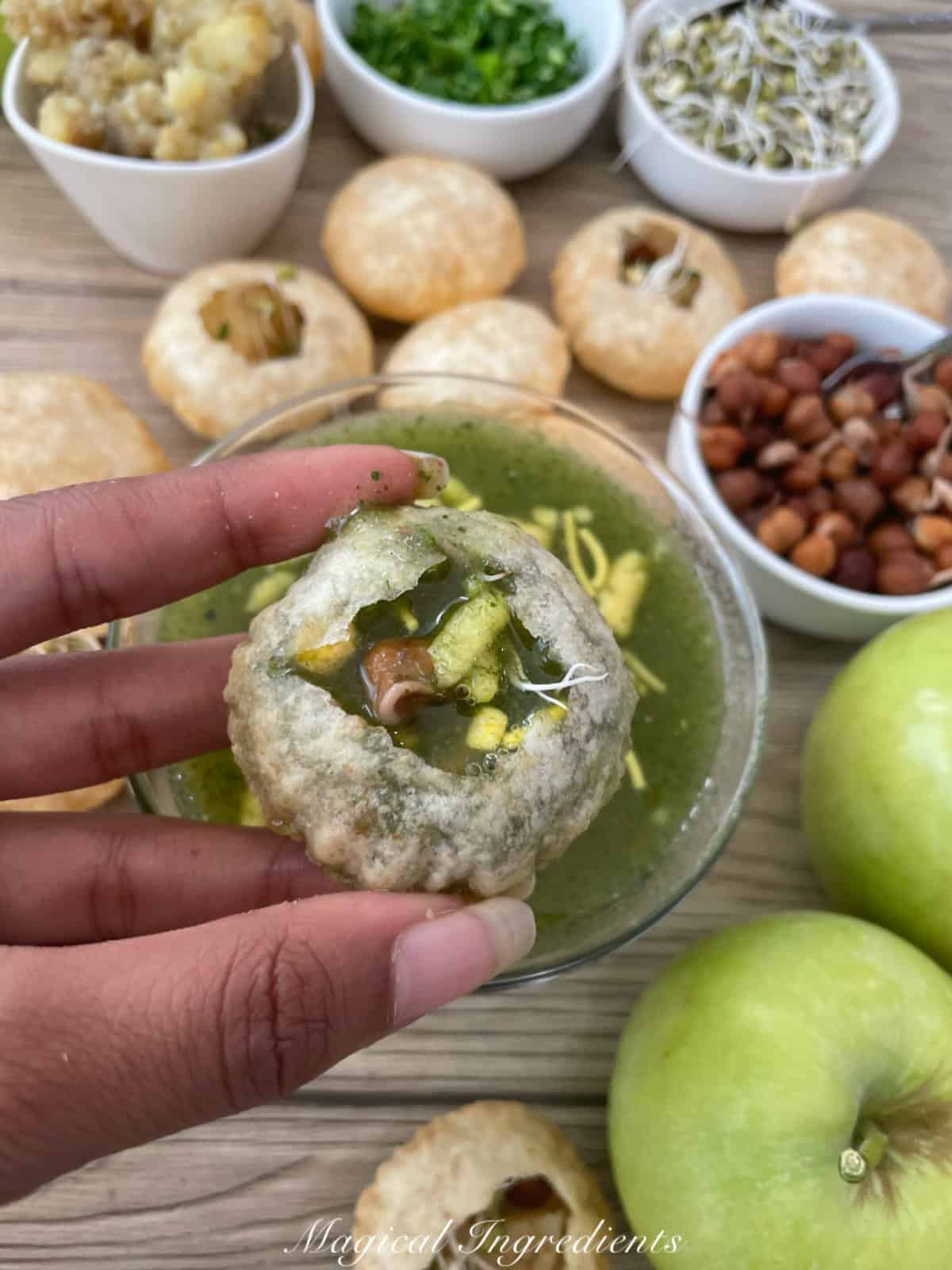 close view of the apple pani puri