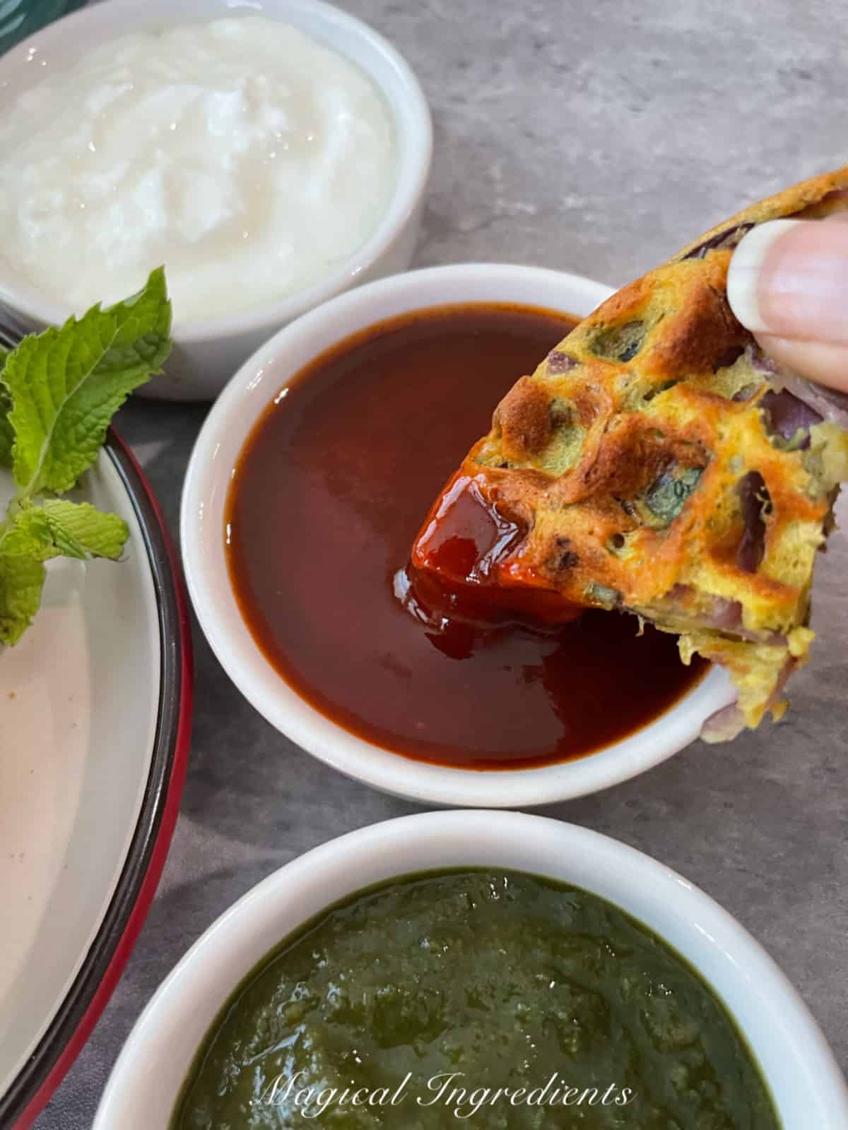 waffled dipped in ketchup