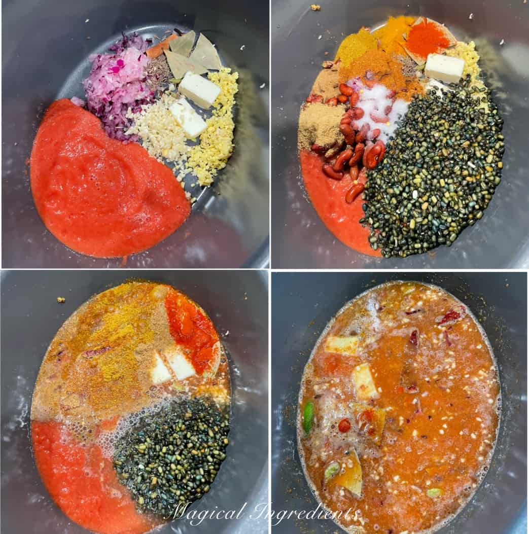 Adding ingredients for dal makhni to the slow cooker