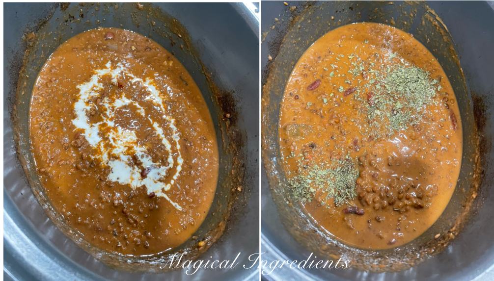 Adding cream and dried fenugreek to dal makhni