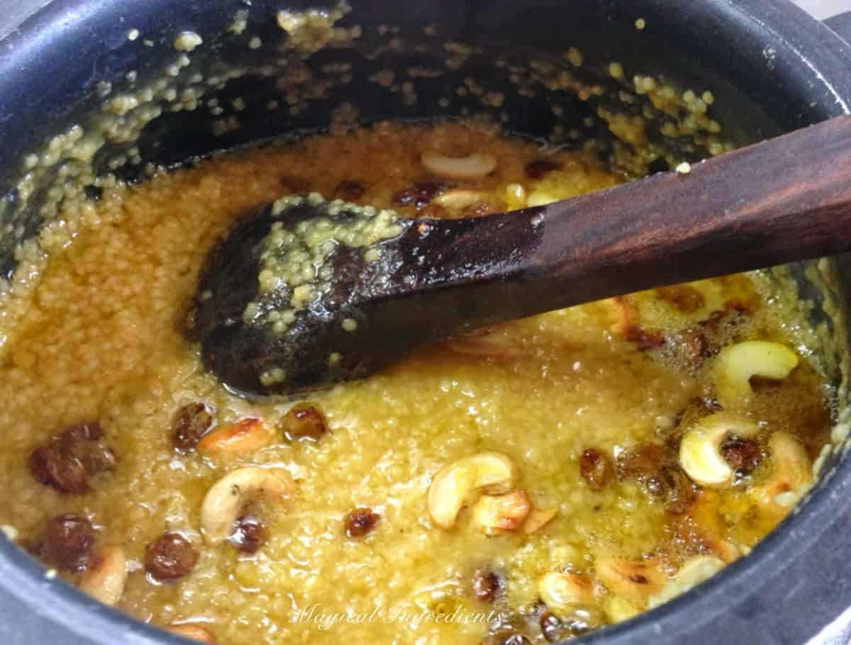 Tempering added to foxtail millet sarkarai pongal