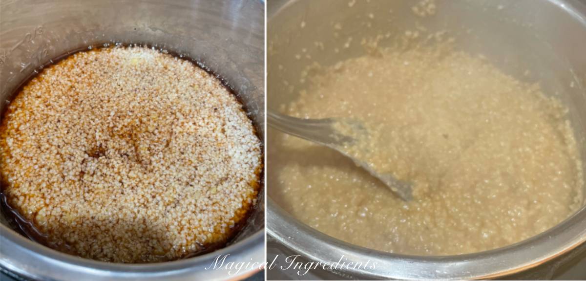 adding jaggery, cardamom and cooking the pongal