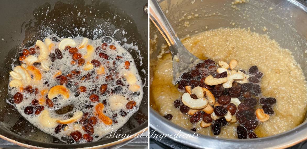 adding cashews and raisins to pongal