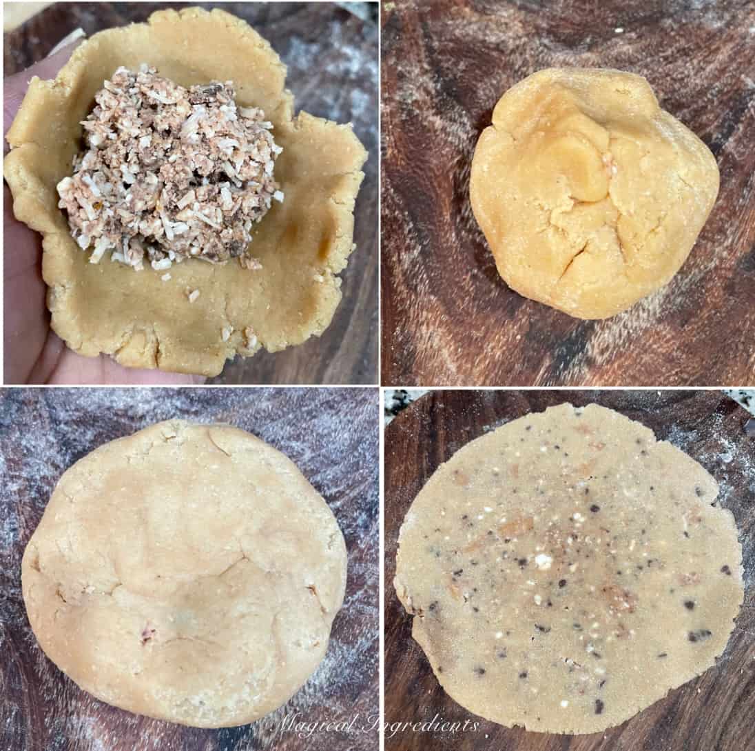 Stuffing the paratha with filling and rolling it into a circular disc.