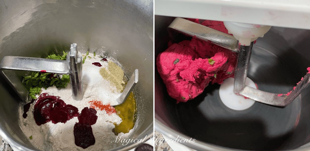Kneading the Dough for beet fennel paratha
