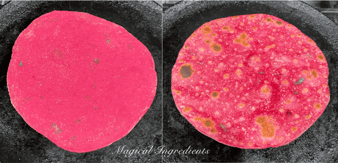 Cooking beet fennel paratha on a cast iron pan