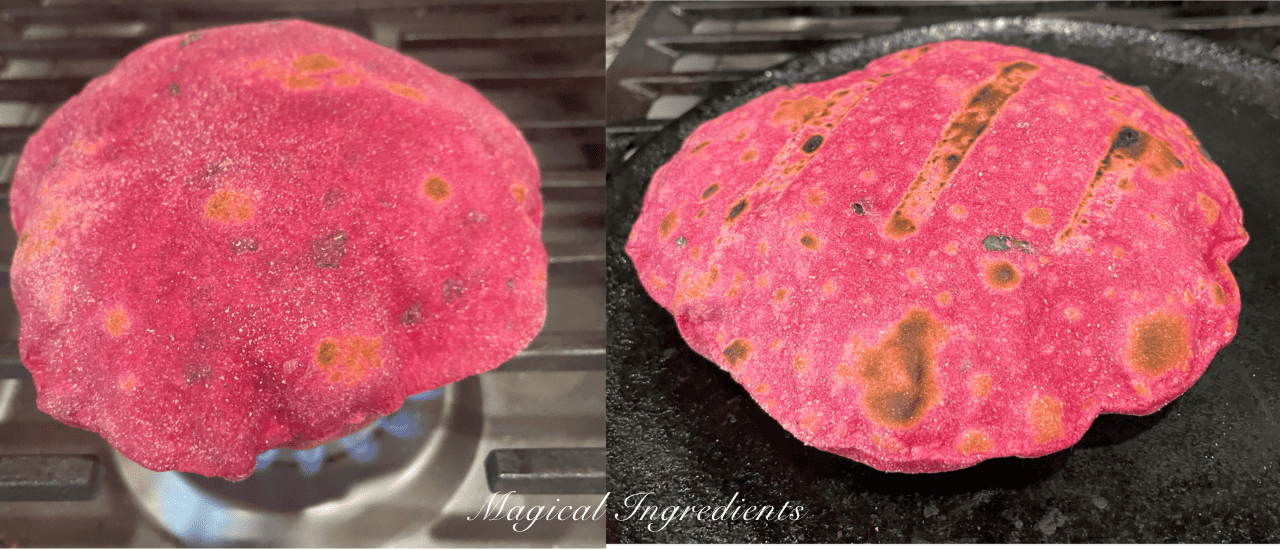 Cooking the beet fennel paratha on flame