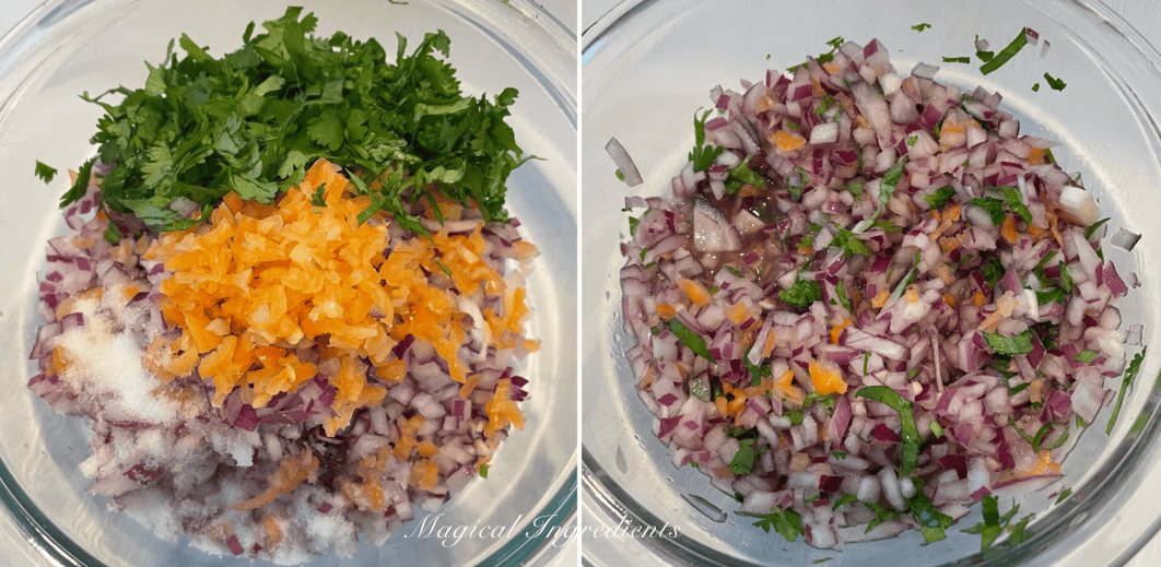 Adding the ingredients for Xnipec salsa to a bowl