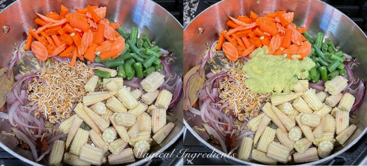 Adding veggies, fenugreek sprouts, and ginger-garlic chili paste