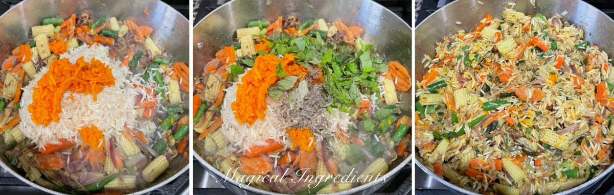 Adding rice, fresh turmeric, black pepper