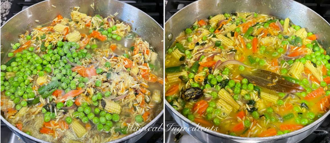 Adding water, salt, and peas to the cooking pulao mixture