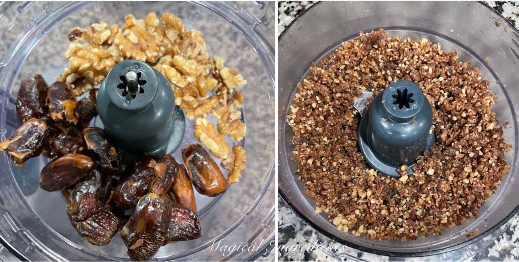 Processing dates and walnuts to a coarse texture