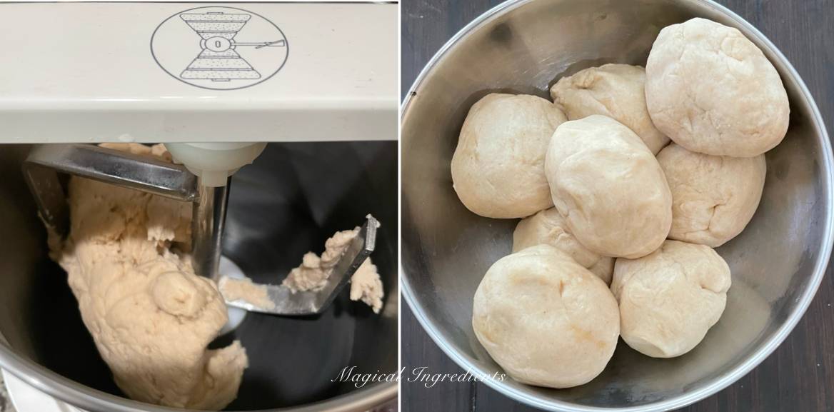 Kneading the dough and dividing into portions.