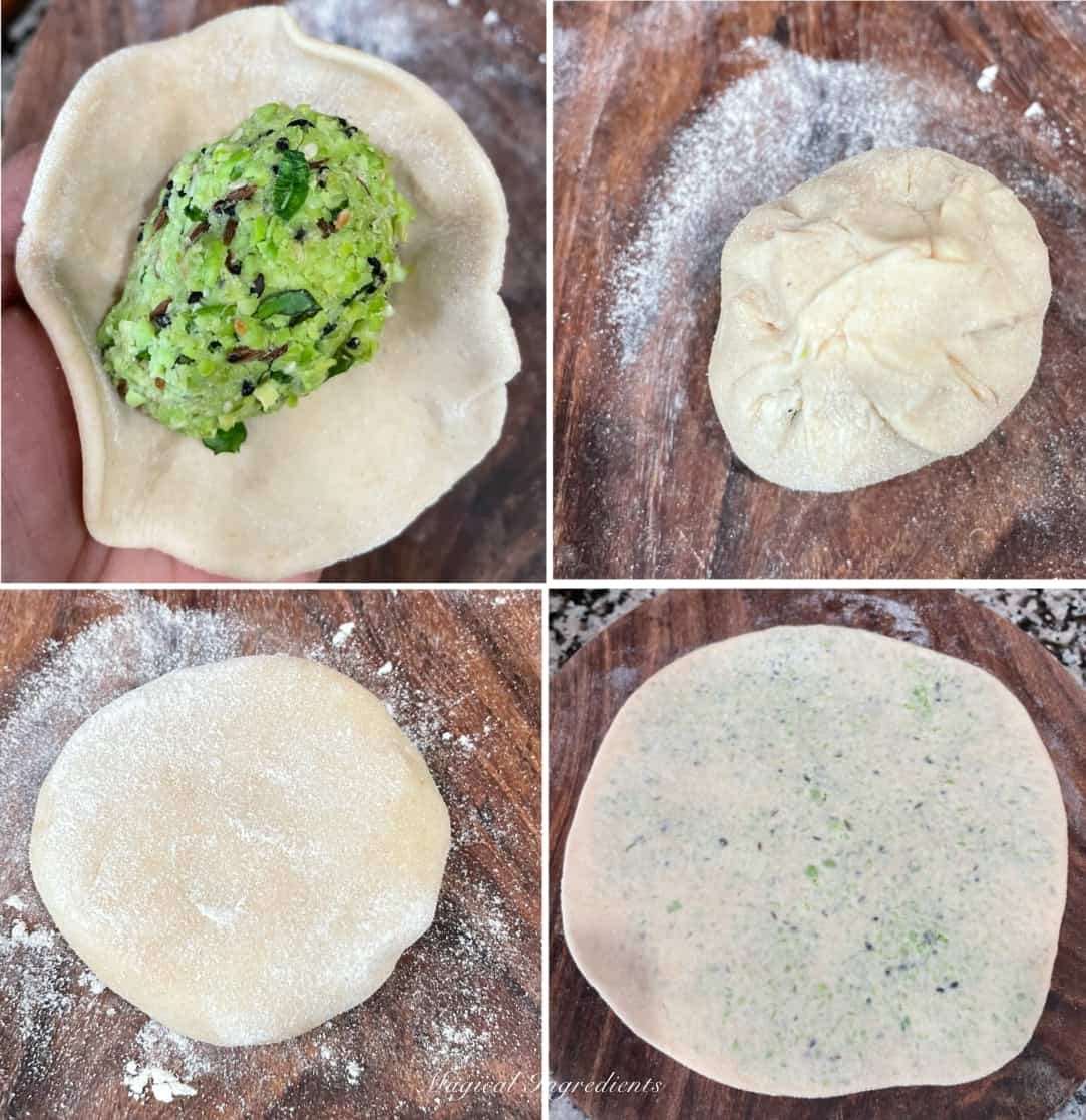 Shaping and rolling the edamame paratha dough