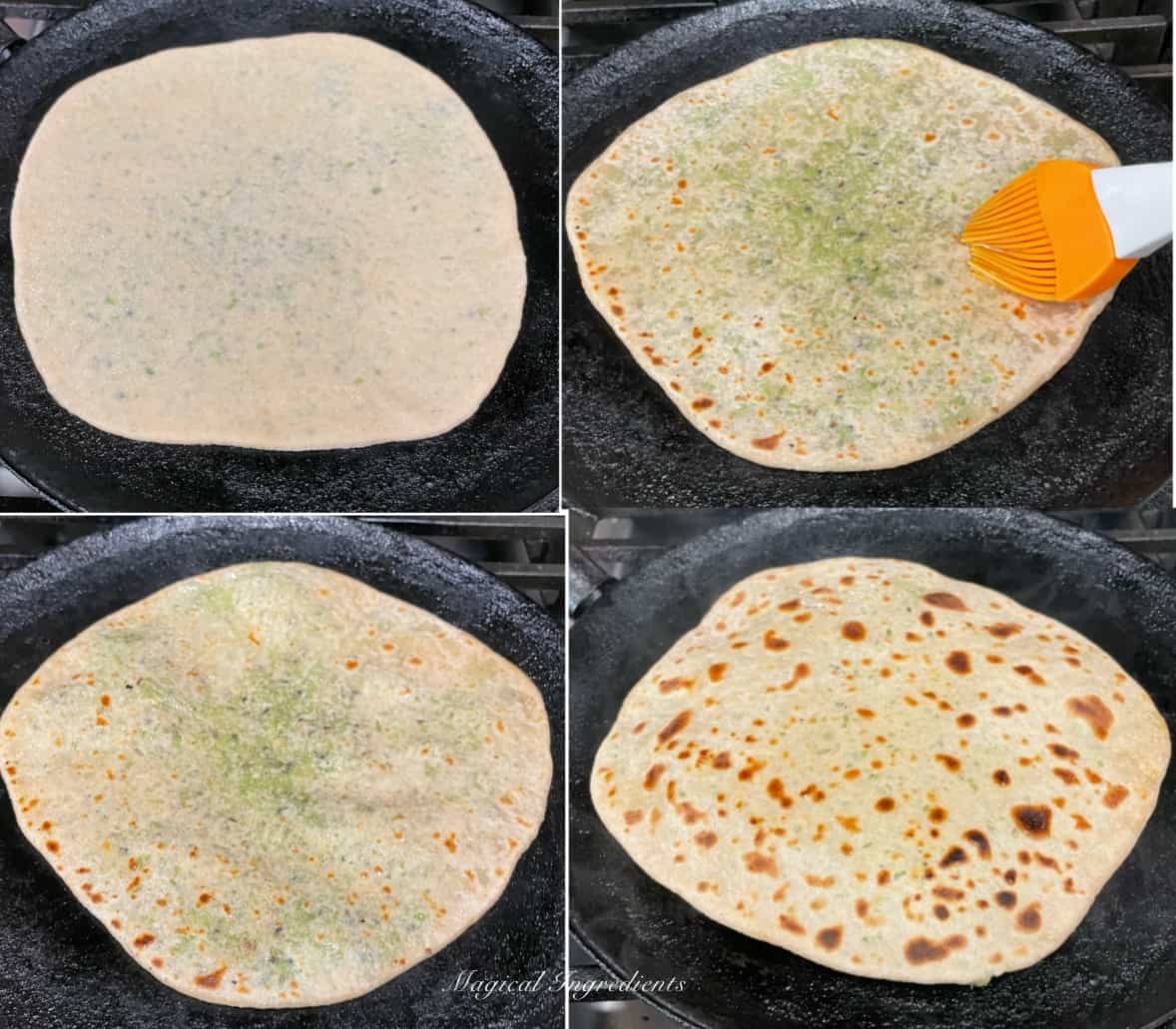cooking the paratha on a pan