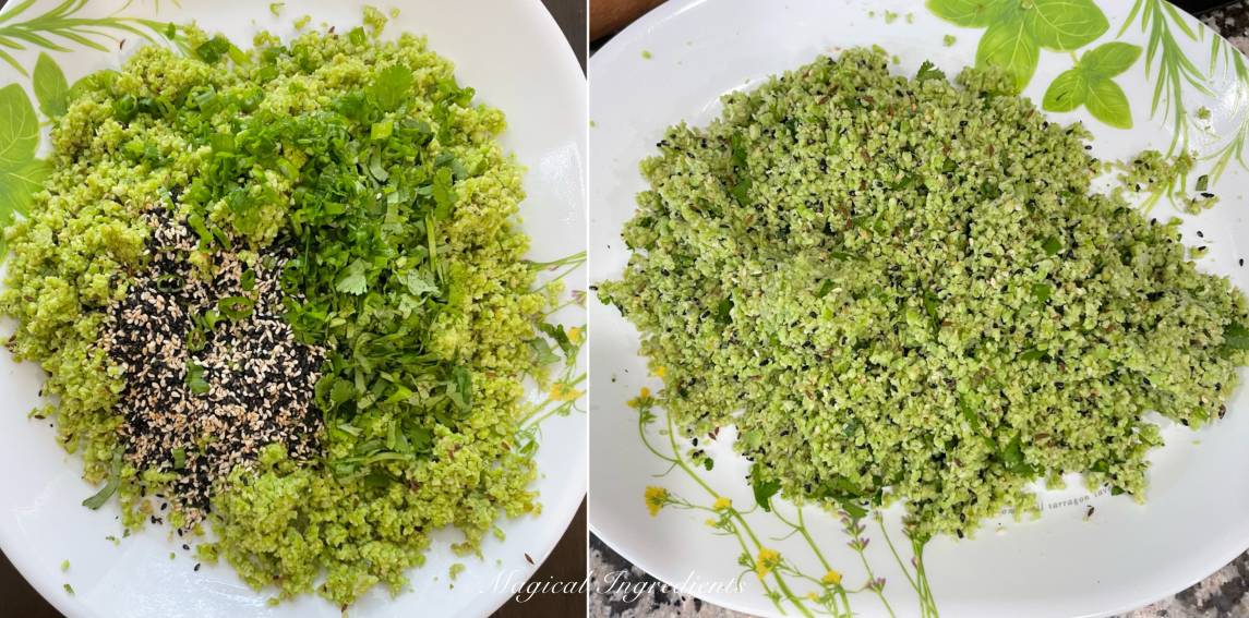 Adding cilantro and sesame seeds to edamame stuffing