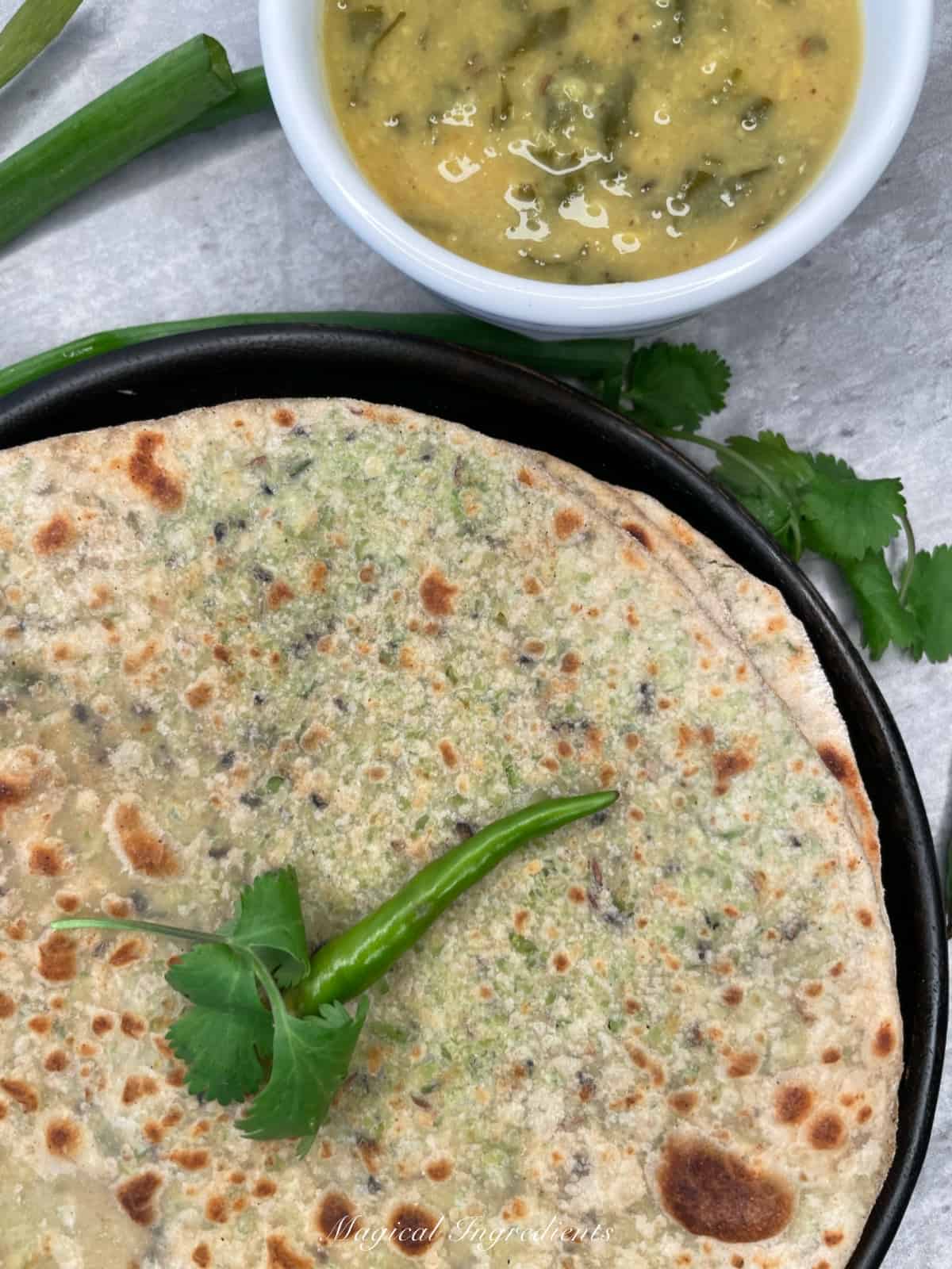 Edamame paratha served with dal