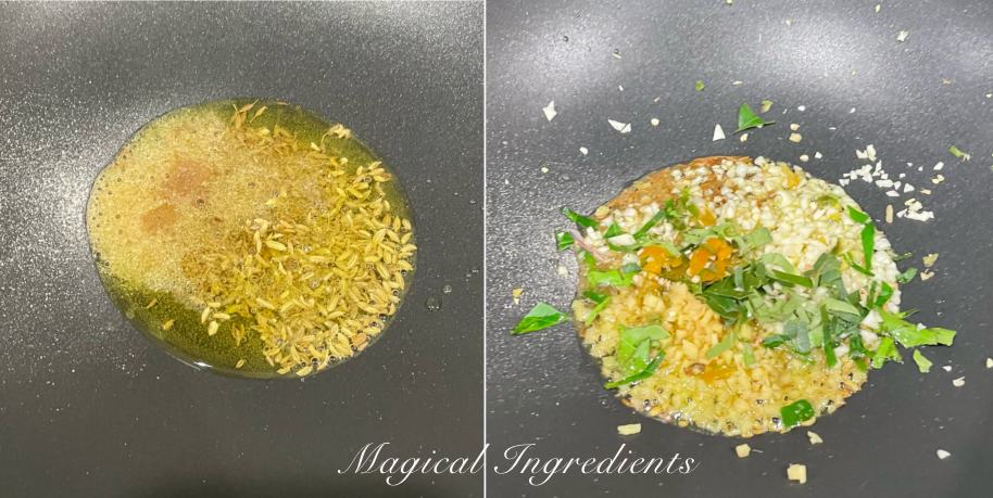 frying the spices, garlic, ginger, and chilies
