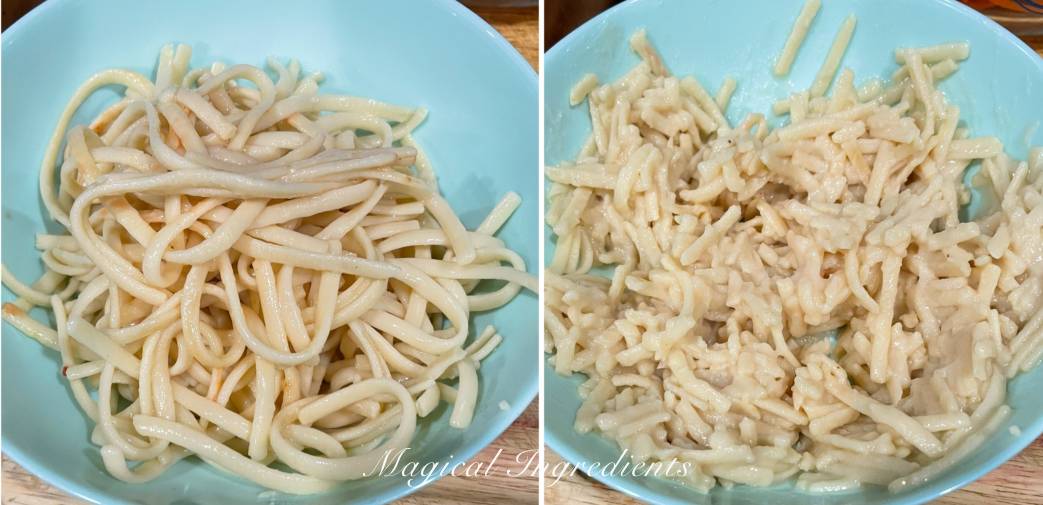 Mashing the noodles