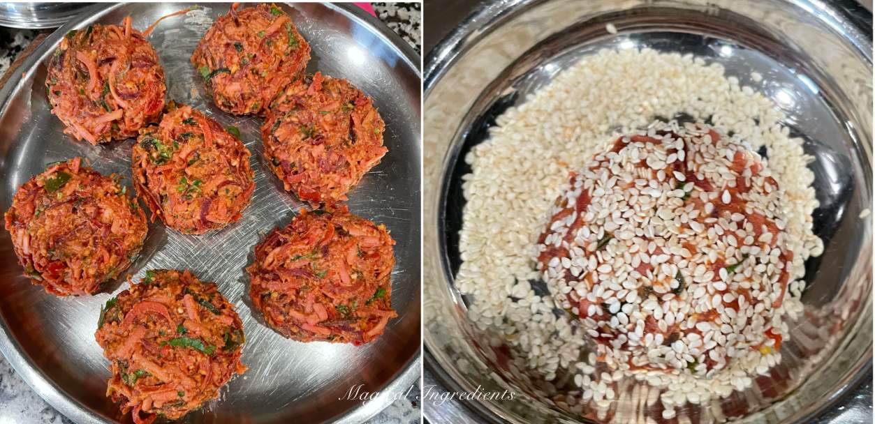 Shaping the cutlets and adding sesame crust