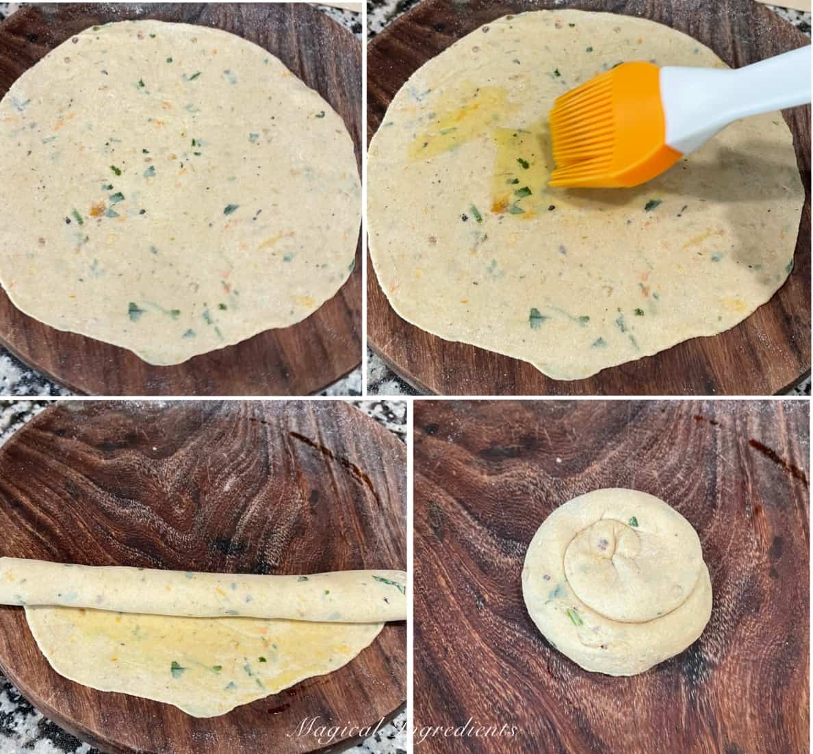 gathering and rolling the paratha