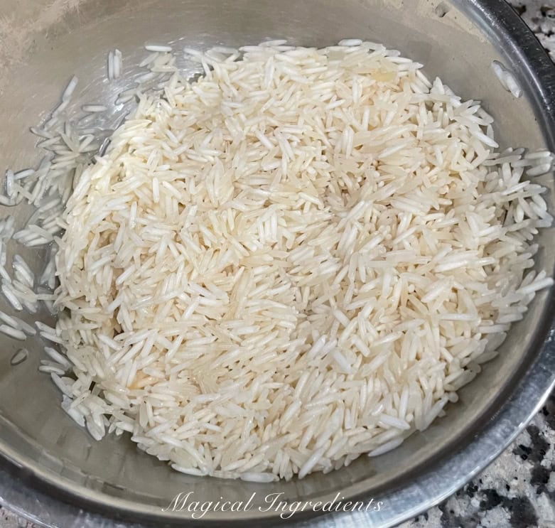 Drained rice after soaking
