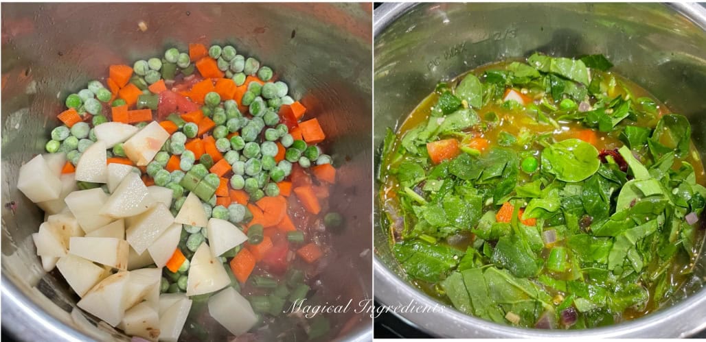 Adding quinoa and veggies to the instant pot and setting it up