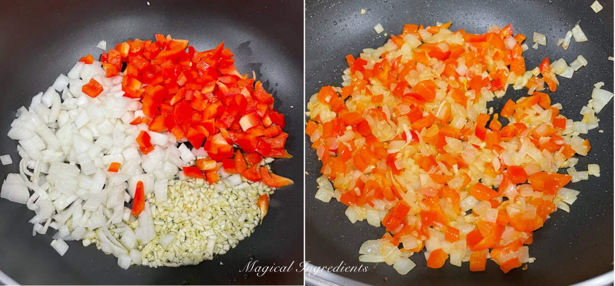 sauteing onion, ginger, and red pepper
