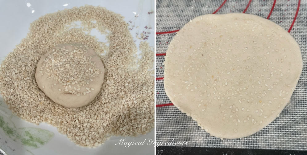 rolling the dough with sesame