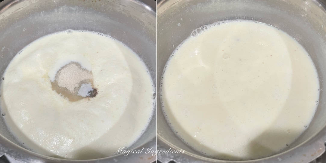 adding sugar and cardamom powder