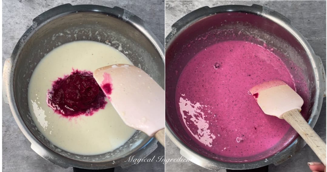 mixing the dragon fruit puree