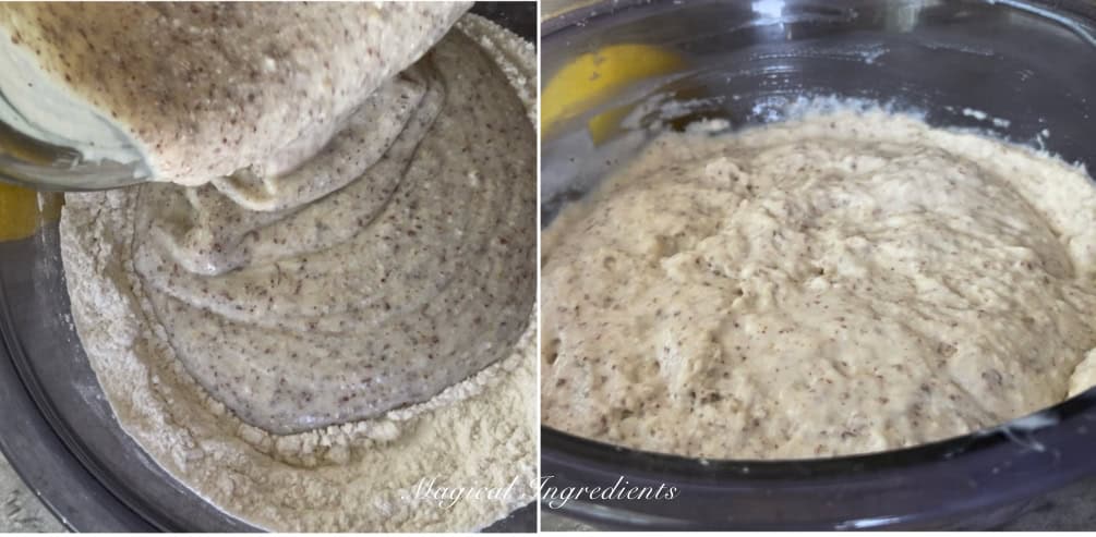 adding the wet ingredients to the dry mixture