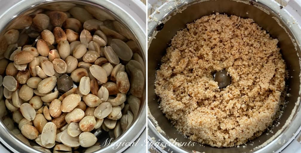 making a coarse powder of roasted peanuts
