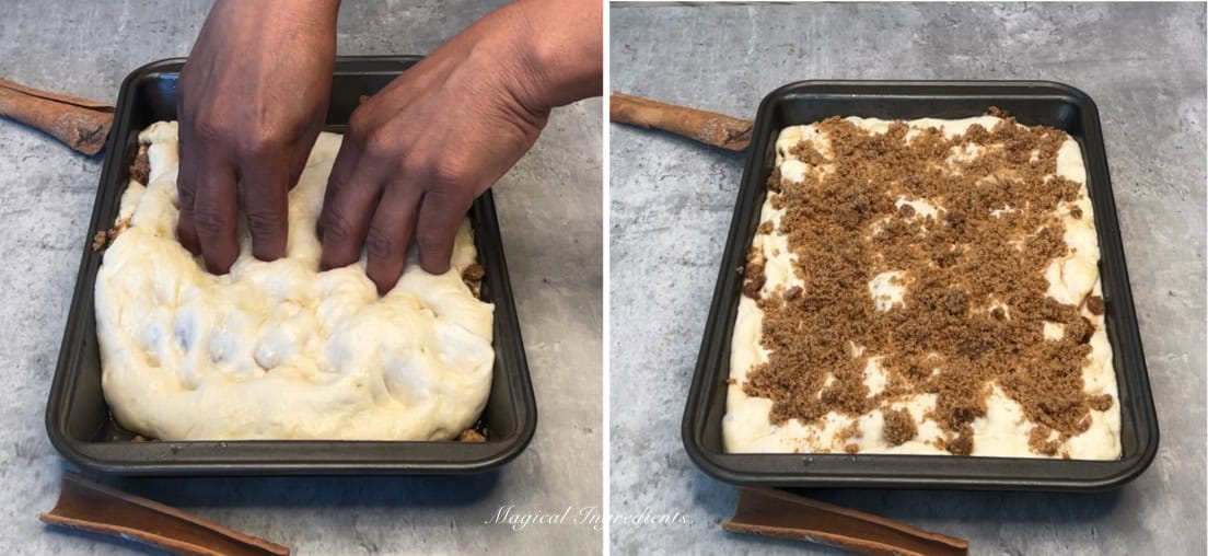 making the dimples in the focaccia dough and sprinkling the cinnamon sugar