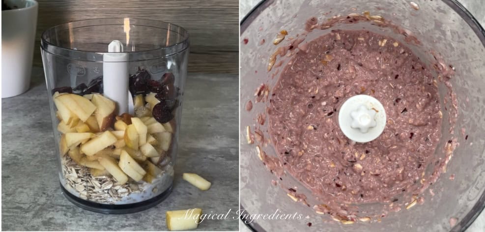 Grinding oats, apples, and cherries with milk
