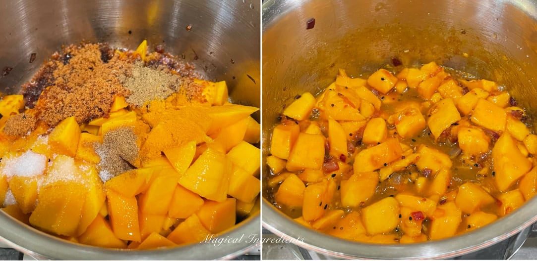 adding mangoes and other ingredients