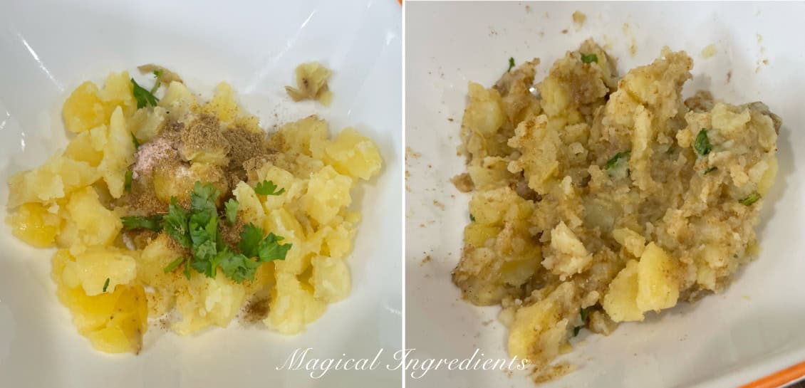 mixing the potatoes with spices