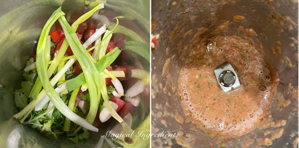 blend the tomatoes, garlic, cilantro, green onions