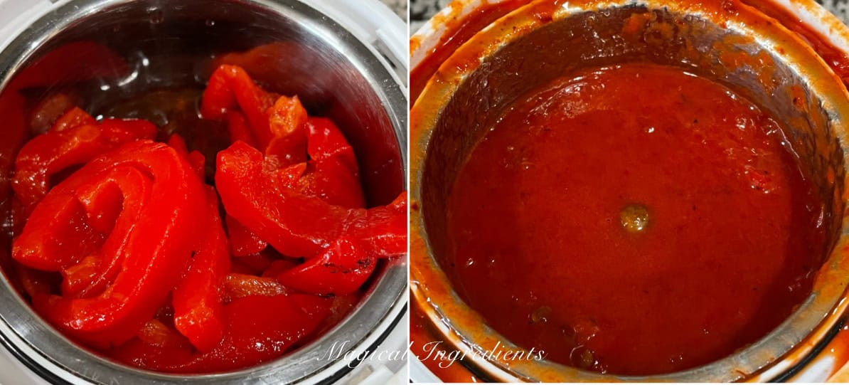 pureeing red peppers and chipotle peppers