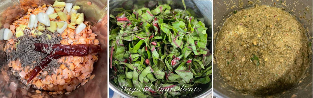 grinding the lentils and chard
