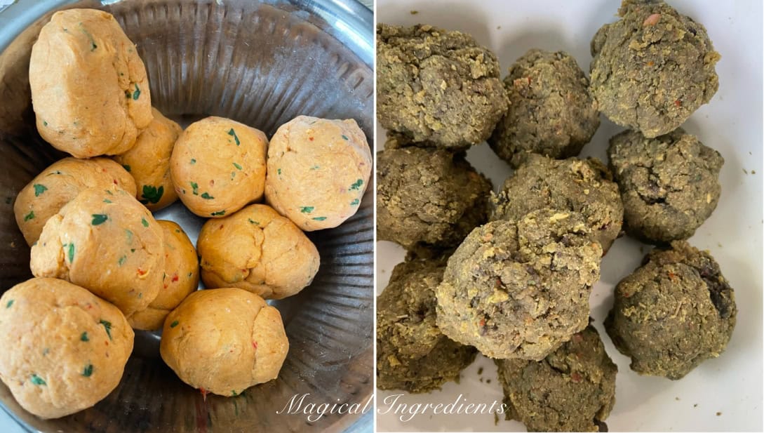 dividing the dough and red lentil filling into portions