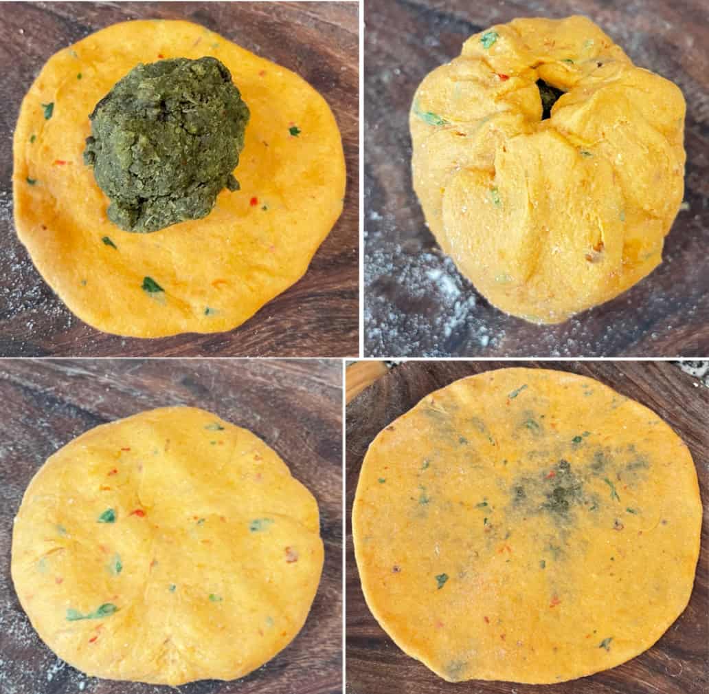 stuffing and rolling the paratha