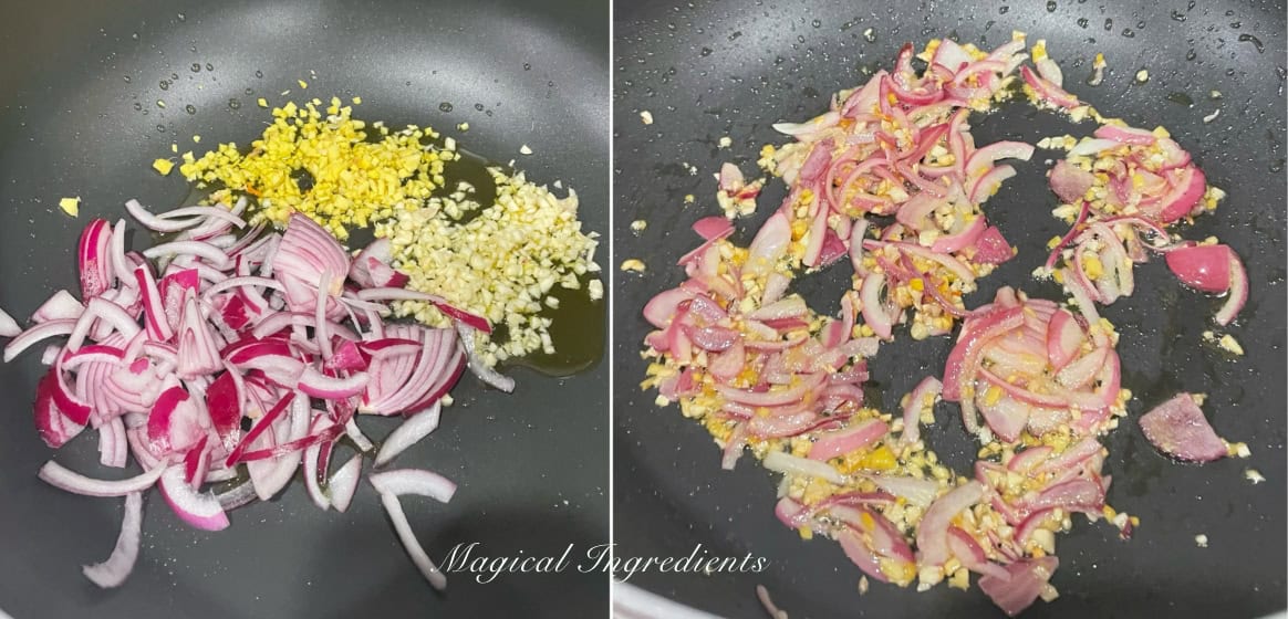 sauteeing onion, ginger, and garlic