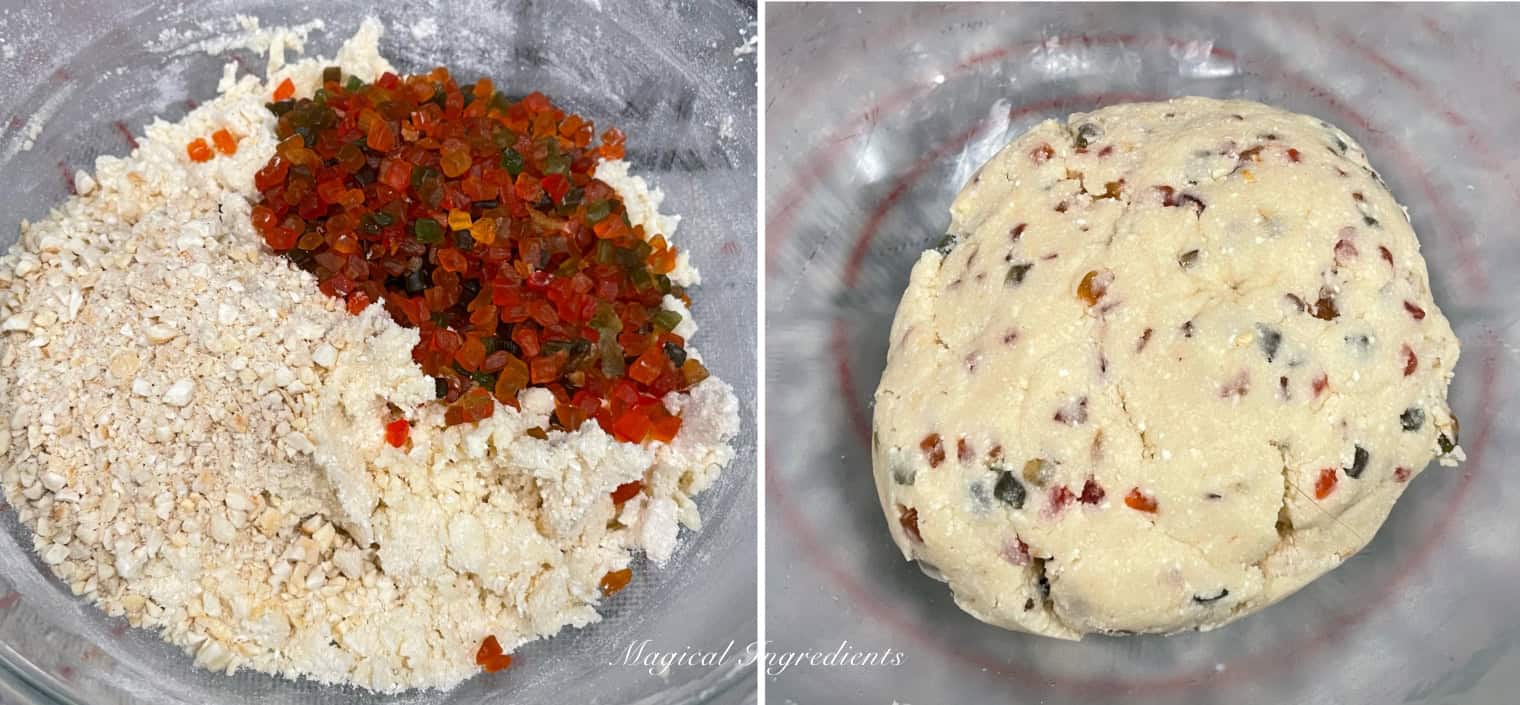 mixing tutti fruity and cashew to the dough