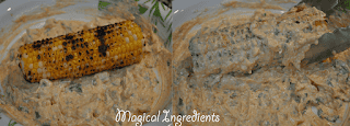 applying creamy dressing on roasted corn